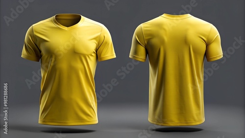 Blank yellow clean tshirt mockup isolated in front and back views 3D rendering Empty gray undershirt model mockup Clear dark classic soccer shirt template . AI Generative
