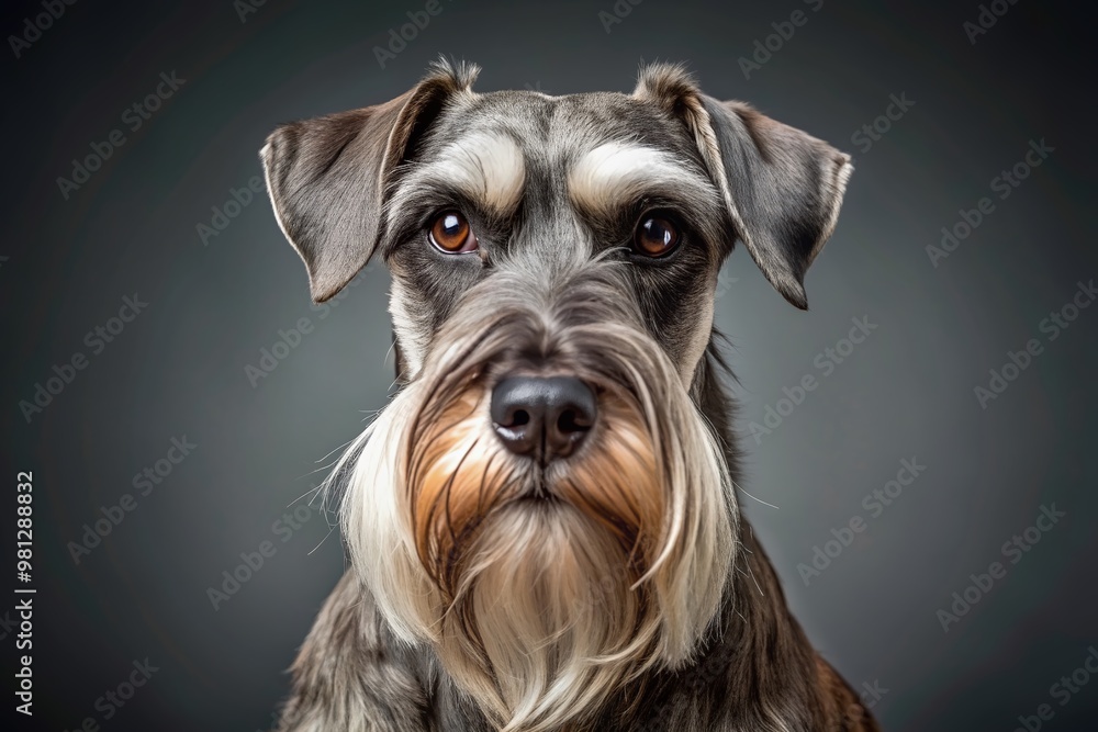 Adorable Standard Schnauzer with distinctive beard and eyebrows, posing on a plain background, showcasing its intelligence and loyalty in a studio portrait setting.
