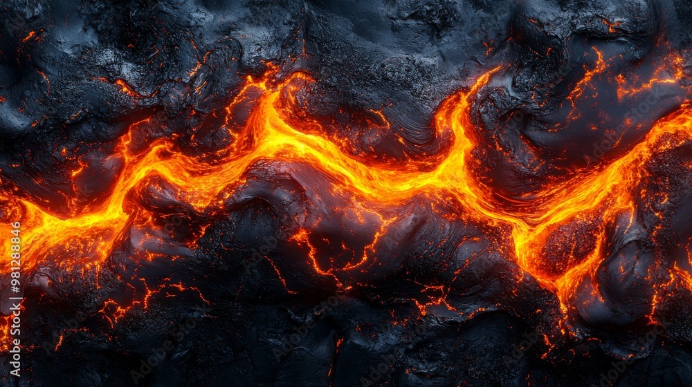 Molten Lava Flowing Across Dark Volcanic Rock Molten Lava Flowing Across Dark Volcanic Rock