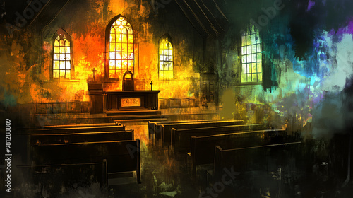 Wallpaper Mural Colorful light streaming through stained glass windows in an empty church during sunset Torontodigital.ca