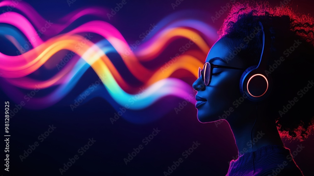 A woman enjoying music with colorful sound waves emanating, symbolizing creativity and relaxation in a vibrant atmosphere. A woman enjoying music with colorful sound waves emanating, symbolizing creativity and relaxation in a vibrant atmosphere.