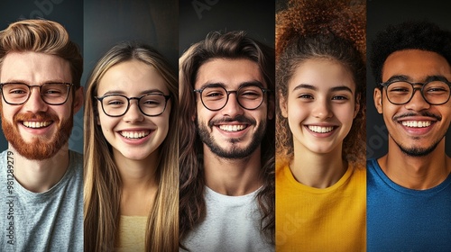 Diverse group of young adults smiling brightly at the camera, showcasing a range of ethnicities, hairstyles, and eyewear. Their joyful expressions radiate positivity and inclusivity.