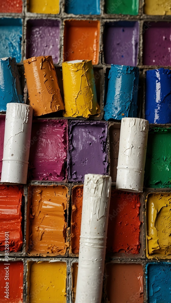 Colorful paint tubes on a textured artist's palette. Colorful paint tubes on a textured artist's palette.