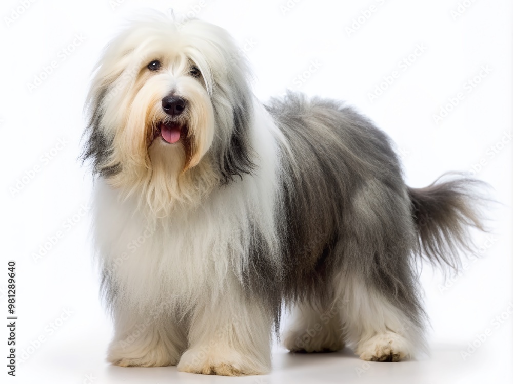 A majestic Old English Sheepdog stands proudly on a pristine white background, its shaggy coat and endearing expression captivating the viewer's attention. A majestic Old English Sheepdog stands proudly on a pristine white background, its shaggy coat and endearing expression captivating the viewer's attention.