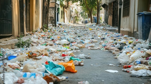 A desolate urban street covered in plastic waste and food wrappers, the smell of decay in the air photo