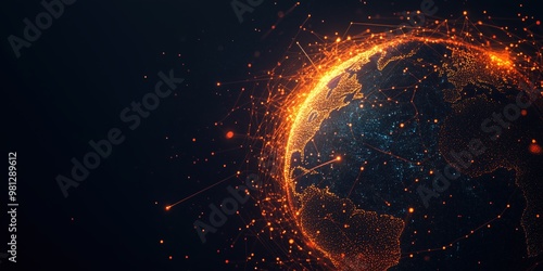 Digital visualization of a global network with orange data points connecting continents on a dark background, perfect for technology, global business, and communication themes,
 photo