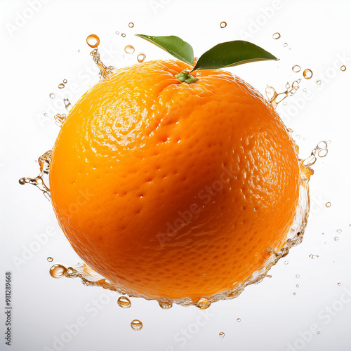 Laranja fresca, suculento. Fundo branco com gotas de água, splash. Comidas, frutas maduras e frescas. photo