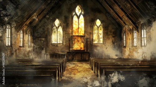 Abandoned church interior with stained glass windows illuminated by warm light in autumn