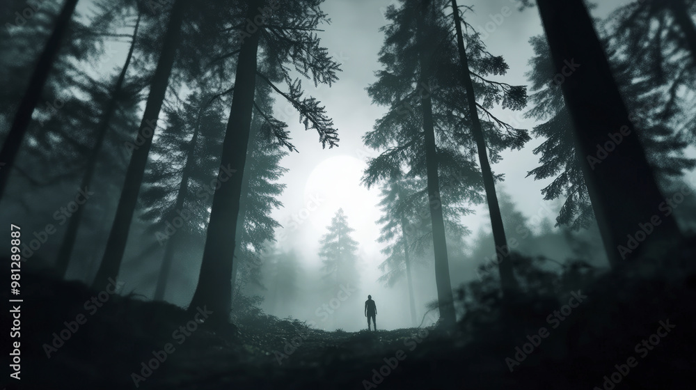 A solitary figure stands amidst towering trees in a shadowy, fog-filled forest, creating an eerie and mysterious atmosphere. A solitary figure stands amidst towering trees in a shadowy, fog-filled forest, creating an eerie and mysterious atmosphere.