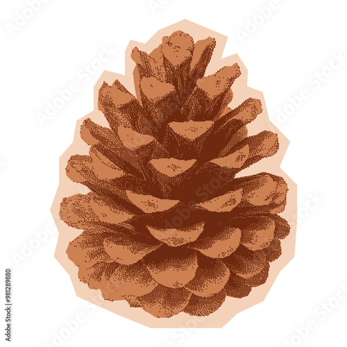 Halftone pine cone. Retro photocopy sticker. Monochrome element for collage cutout scrapbook design, t-shirt prints, invitations. Vintage illustration with dotted texture.