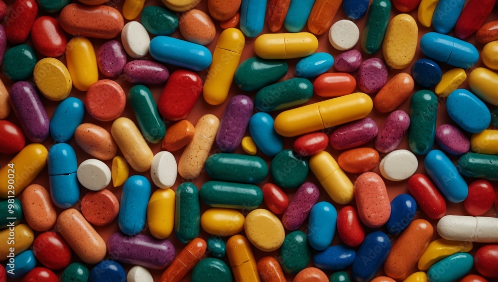 Colorful pills and vitamins in various shapes and sizes arranged in a neat pattern, symbolizing medical diversity. Colorful pills and vitamins in various shapes and sizes arranged in a neat pattern, symbolizing medical diversity.
