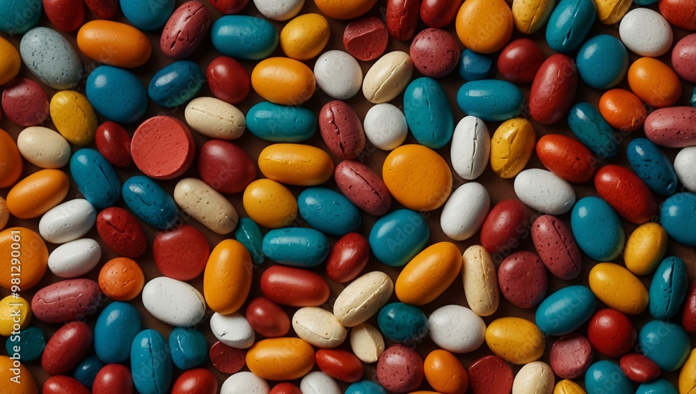 Colorful pills and vitamins in various shapes and sizes arranged in a neat pattern, symbolizing medical diversity. Colorful pills and vitamins in various shapes and sizes arranged in a neat pattern, symbolizing medical diversity.