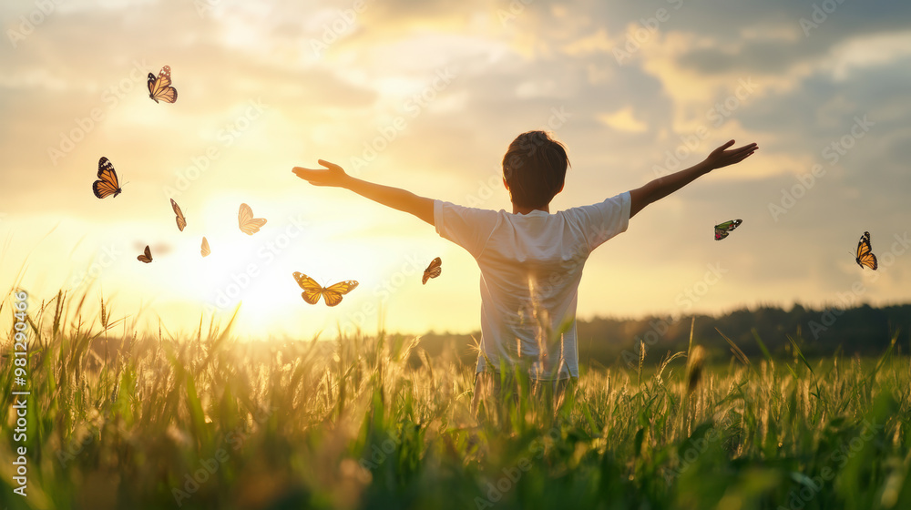 A child stands with arms outstretched in a grassy field at sunset, surrounded by butterflies, embracing nature and the beauty of the moment. A child stands with arms outstretched in a grassy field at sunset, surrounded by butterflies, embracing nature and the beauty of the moment.