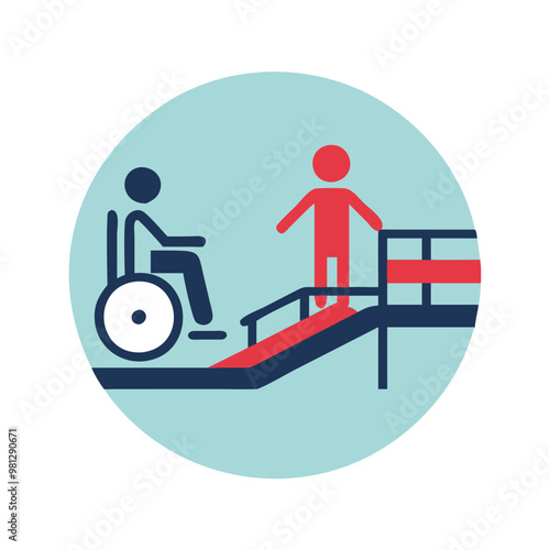 Inclusive icon featuring a wheelchair user and ramp access in a vibrant circular design