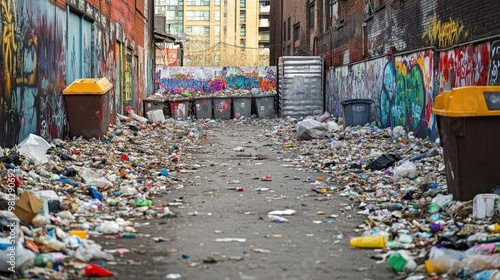 A street covered in litter, with dumpsters overflowing and graffiticovered walls in the background
