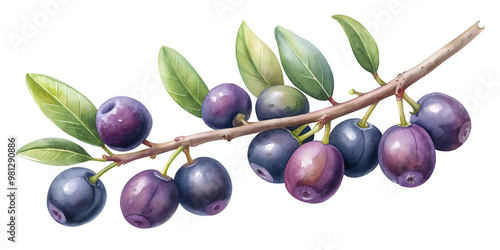 Branch with Acai Berries Isolated on Transparent Background, Perfect for Botanical Illustrations and Culinary Design Projects