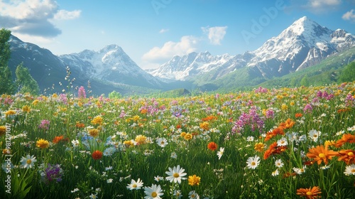 A Vibrant Wildflower Meadow Against a Majestic Mountain Range