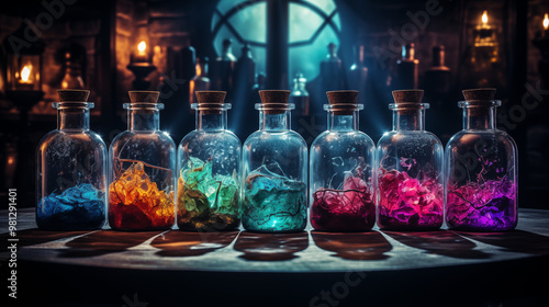 Colorful potions in glass bottles on a table for a witch's brew concept on Halloween