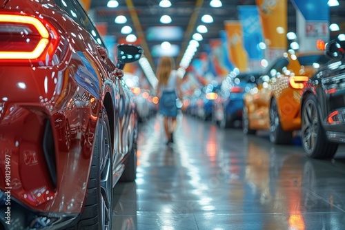 A woman walks among various cars in a bustling auto show showcasing sleek models and vibrant colors in a well-lit exhibition hall photo