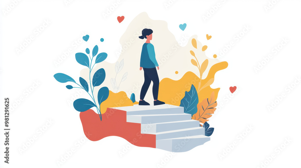 A person is depicted following path of growth and self discovery, surrounded by vibrant plants and colorful shapes, symbolizing journey of step by step thinking A person is depicted following path of growth and self discovery, surrounded by vibrant plants and colorful shapes, symbolizing journey of step by step thinking