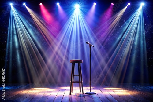 Stage setup for stand-up comedy with a microphone and stool, featuring reflectors' rays, high-contrast image. AI Generative