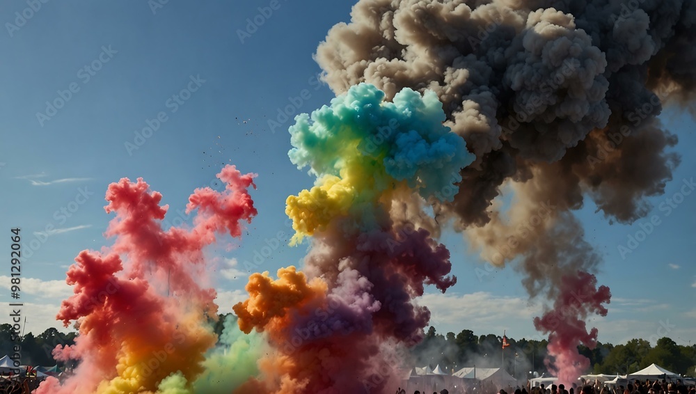 Colorful smoke swirling in a bright sky during a festival. Colorful smoke swirling in a bright sky during a festival.