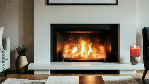 modern living room with a cozy fireplace and minimalist decor, creating a warm and inviting atmosphere. seamless looping time-lapse 4K video background