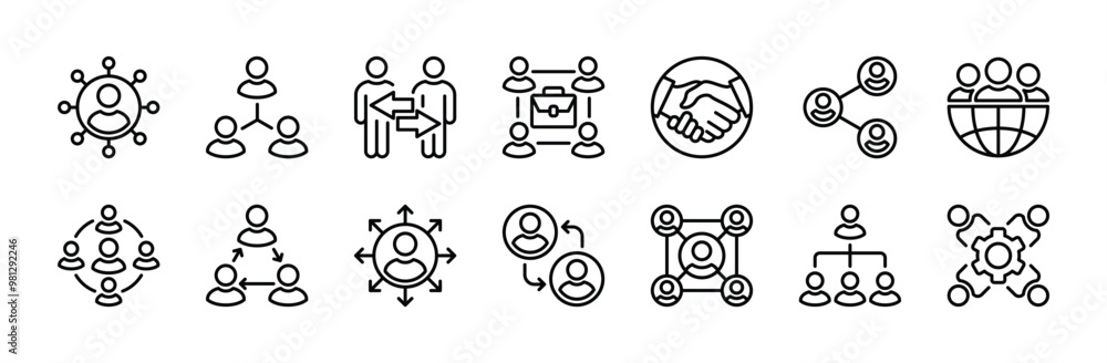 People connections in business thin line icon set. Containing teamwork, group management, team, cooperation, hierarchy, organization, collaboration, global, network, sharing. Vector illustration People connections in business thin line icon set. Containing teamwork, group management, team, cooperation, hierarchy, organization, collaboration, global, network, sharing. Vector illustration