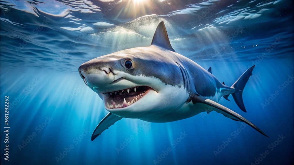 Fototapeta premium A powerful great white shark swims vertically through a blue ocean, its sharp teeth and piercing gaze visible in the clear blue water.