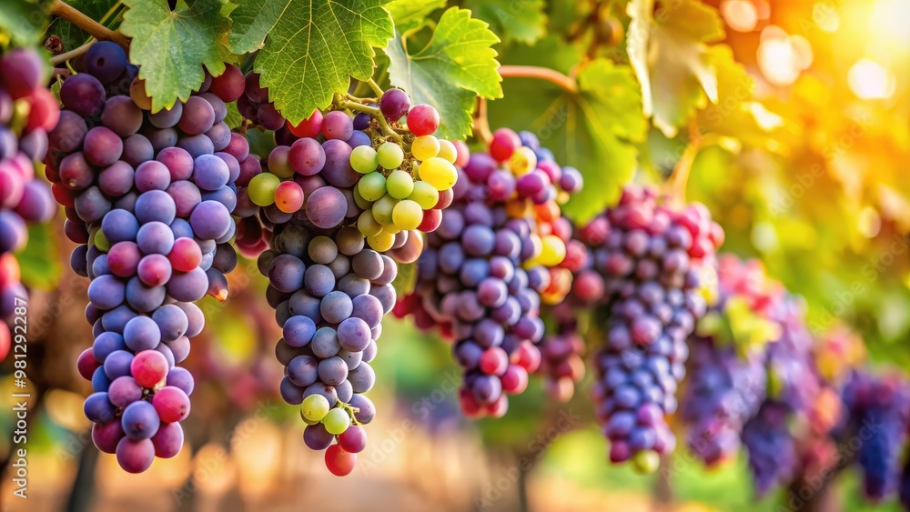 Vibrant image of grapevine with fully ripened bunches of grapes, grapevine, ripe, grapes, vineyard, harvest, winemaking Vibrant image of grapevine with fully ripened bunches of grapes, grapevine, ripe, grapes, vineyard, harvest, winemaking