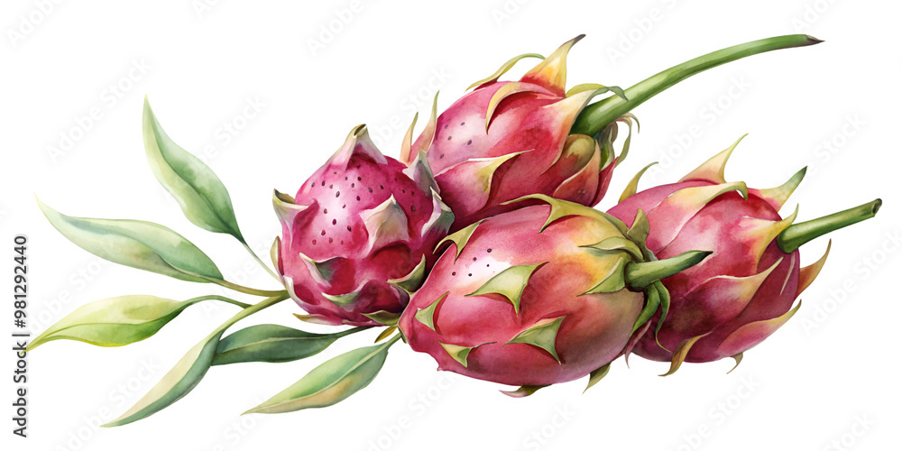 Branch with Dragon Fruits Isolated on Transparent Background, Perfect for Botanical Illustrations and Culinary Design Projects Branch with Dragon Fruits Isolated on Transparent Background, Perfect for Botanical Illustrations and Culinary Design Projects