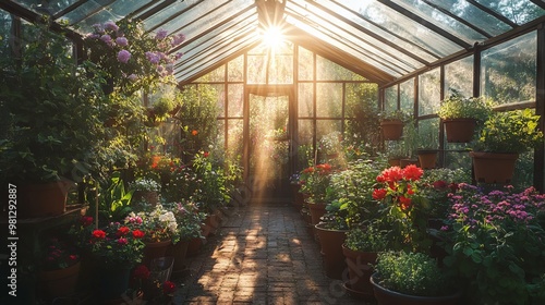 High-Resolution Greenhouse Interior with Plants and Sun Rays AI generated illustration