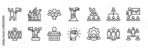 Leadership thin line icon set. Containing business teamwork, organization management, manager, strong man, training, partnership, campaign, adviser, achievement, hierarchy, success vector illustration
