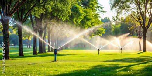 Automatic sprinkler system watering lush green lawn in public park, sprinkler, system, watering, green, lawn, public photo