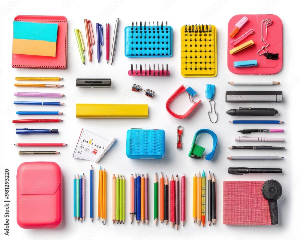 Obraz premium Colorful Stationery and School Supplies on White Background.