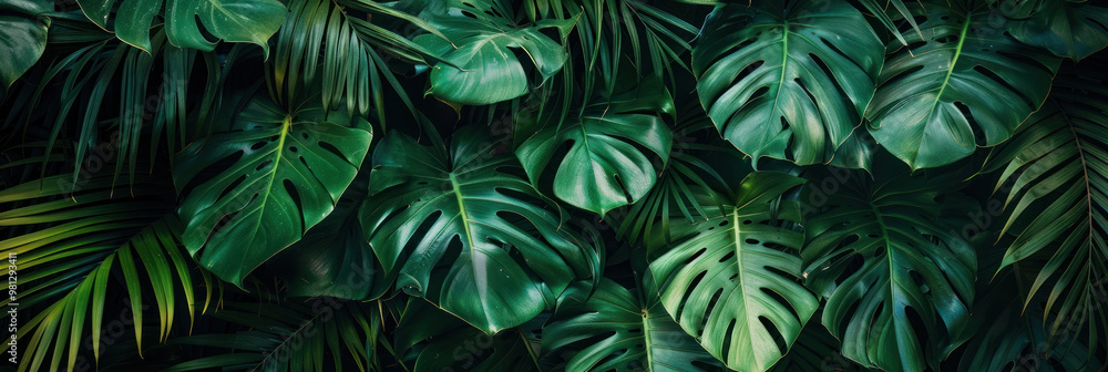 Lush green leaves create vibrant and tropical backdrop, showcasing various shapes and textures that evoke sense of tranquility and natures beauty Lush green leaves create vibrant and tropical backdrop, showcasing various shapes and textures that evoke sense of tranquility and natures beauty
