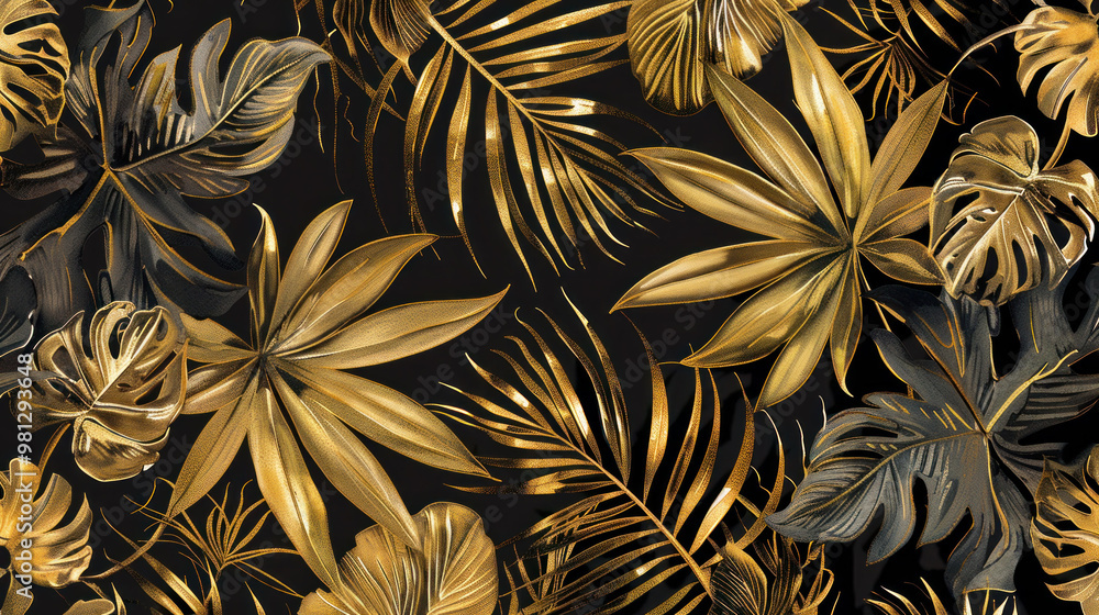 Luxurious golden tropical leaves create stunning pattern on dark background, evoking sense of elegance and sophistication. This design is perfect for various decorative applications Luxurious golden tropical leaves create stunning pattern on dark background, evoking sense of elegance and sophistication. This design is perfect for various decorative applications