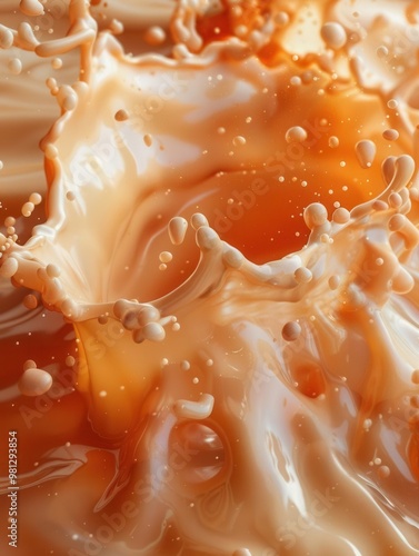 Apricotcolored fluid with splashes, glossy cream caramel look, 3D effect, macro photorealistic background, modern and smooth photo