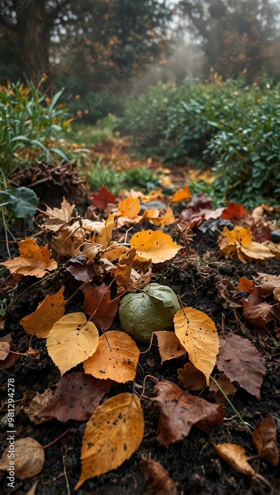 Composting autumn leaves and garden debris in a misty garden with earthy tones. Composting autumn leaves and garden debris in a misty garden with earthy tones.