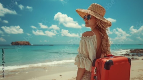 Beautiful woman with suitcase on sandy beach near sea  photo