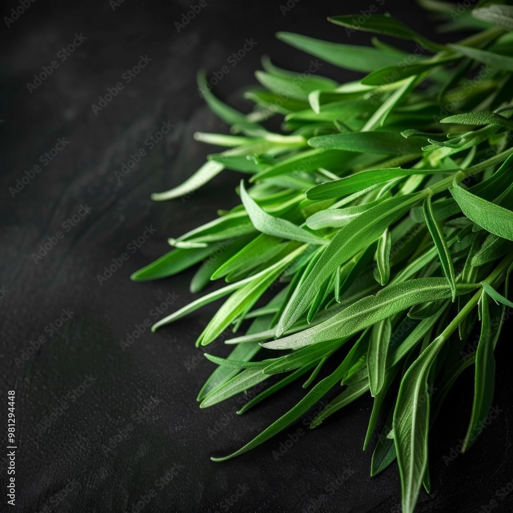 Estragon twigs, tarragon sprigs, fresh artemisia dracunculus grass, green spice leaves banner illustration Estragon twigs, tarragon sprigs, fresh artemisia dracunculus grass, green spice leaves banner illustration