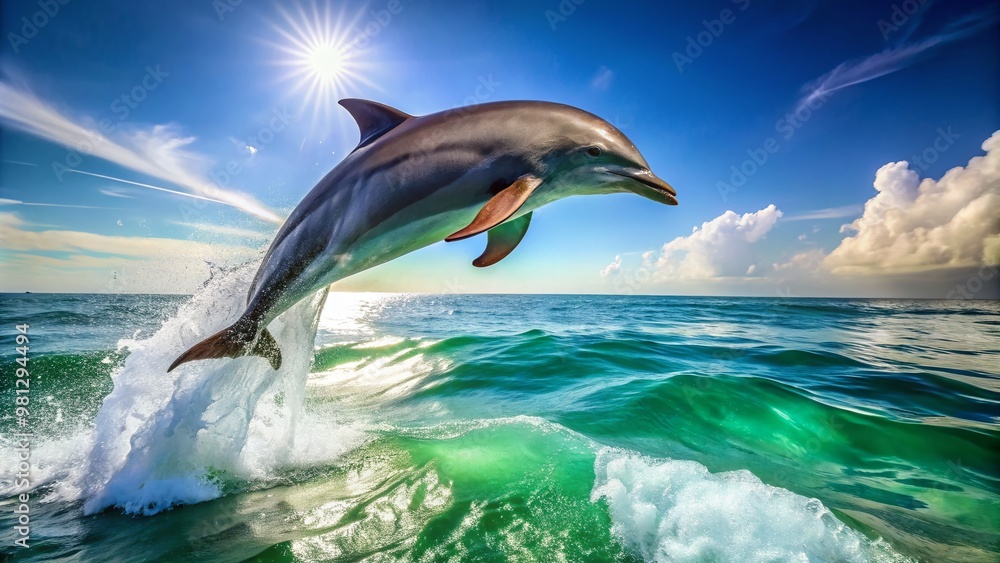 A sleek dolphin leaps out of the turquoise ocean, its shimmeringgray body arched in a playful pose, with sunlight dancing across the surrounding waves. A sleek dolphin leaps out of the turquoise ocean, its shimmeringgray body arched in a playful pose, with sunlight dancing across the surrounding waves.