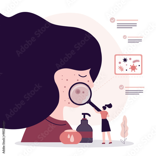 Dermatologist uses magnifying glass and examines woman's face. Acne, pimples and blackheads, cosmetologist helps girl to choose cosmetics for treatments.