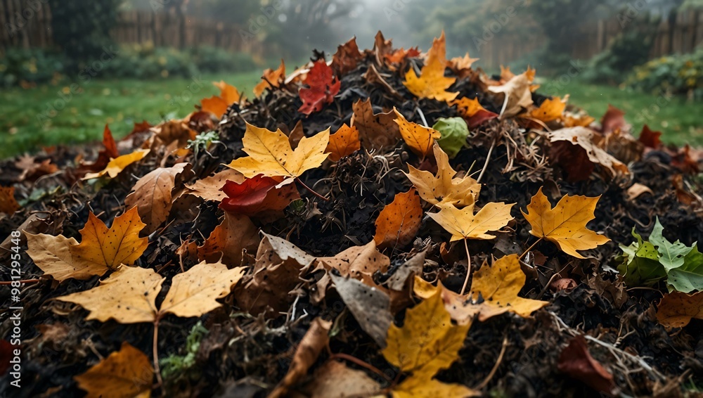 Composting autumn leaves and garden debris in a misty garden. Composting autumn leaves and garden debris in a misty garden.