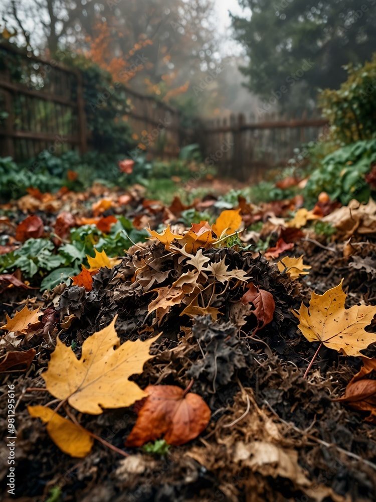Composting autumn leaves and garden debris in a misty, earthy-toned garden. Composting autumn leaves and garden debris in a misty, earthy-toned garden.