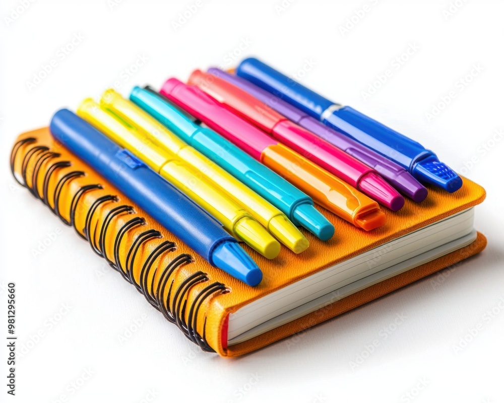 Fototapeta premium Colorful Pens and Notebook on White Background.