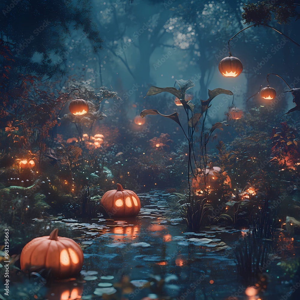 Naklejka premium Enchanted Night Garden with Glowing Pumpkins - Perfect for Fantasy Bloggers