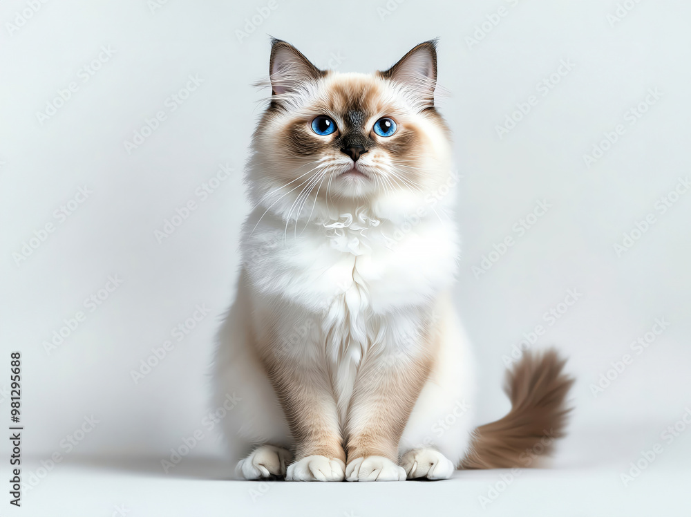 A beautiful cat with striking blue eyes and fluffy fur, sitting calmly against a light background, showcasing its elegance. A beautiful cat with striking blue eyes and fluffy fur, sitting calmly against a light background, showcasing its elegance.
