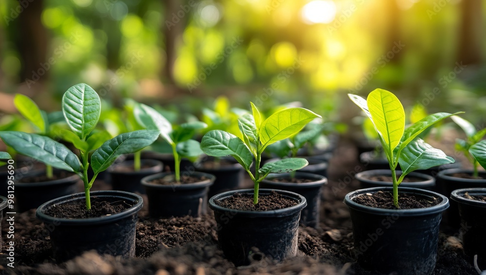 Seedlings Growing in Pots on Forest Floor with Sunlight Through Leaves. AI generated illustration Seedlings Growing in Pots on Forest Floor with Sunlight Through Leaves. AI generated illustration