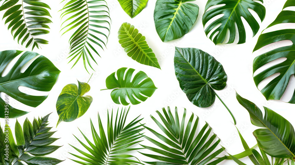 Lush green leaves create vibrant and tropical atmosphere, showcasing various shapes and textures. This collection of foliage is perfect for nature inspired designs Lush green leaves create vibrant and tropical atmosphere, showcasing various shapes and textures. This collection of foliage is perfect for nature inspired designs